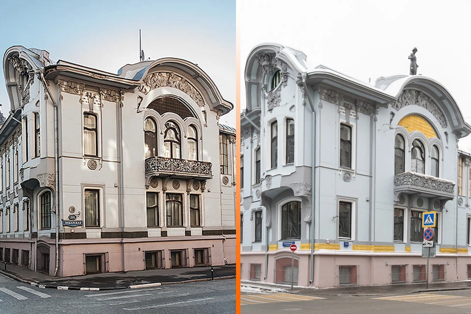 Дом Миндовского в советское время лишился скульптуры на крыше (фото слева). И только в прошлом году ее вернули на место (снимок справа). Фото ГлавУпДК при МИД России.