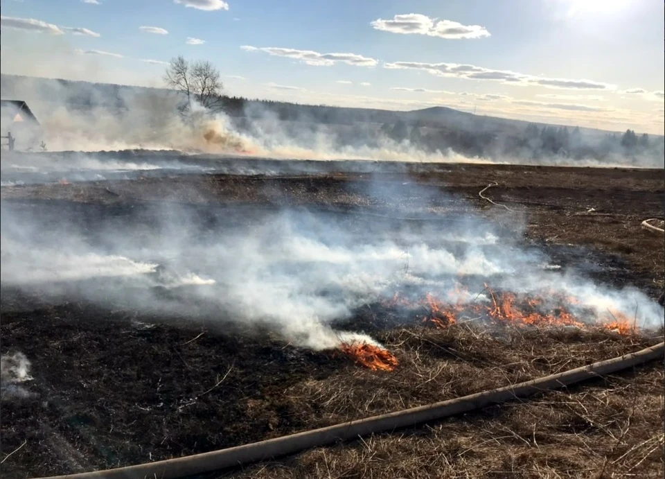 На улице Автономной в Ижевске загорелась сухая трава на площади в три гектара. Фото: ГУ МЧС по УР