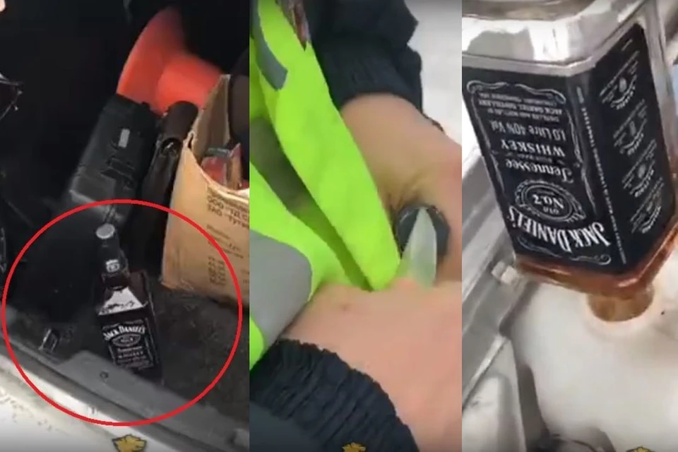 На видео заметно, что сначала бутылка стоит в багажнике, потом сотрудник ДПС ее открывает и заливает содержимое в бак омывателя.