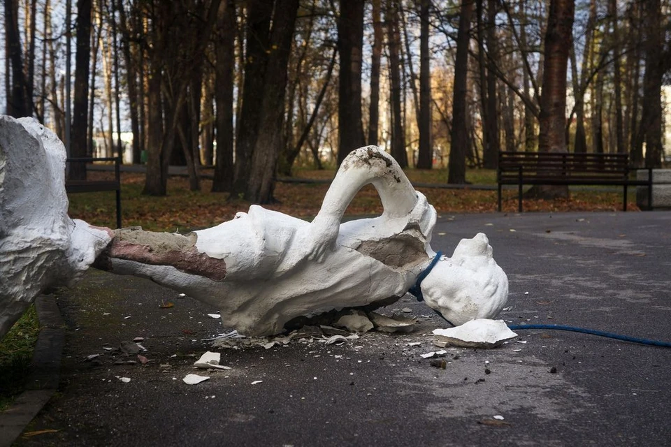 В Первомайском парке в Новосибирске несколько неизвестных молодых парней разрушили скульптуру. Фото: Виктория Смолина