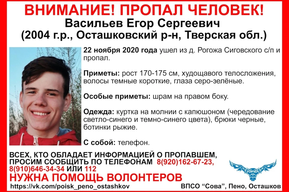 В Тверской области ищут 16-летнего Егора Васильева. Фото: группа в соцсетях – ВК/ВПСО Сова Тверь и Тверская область.