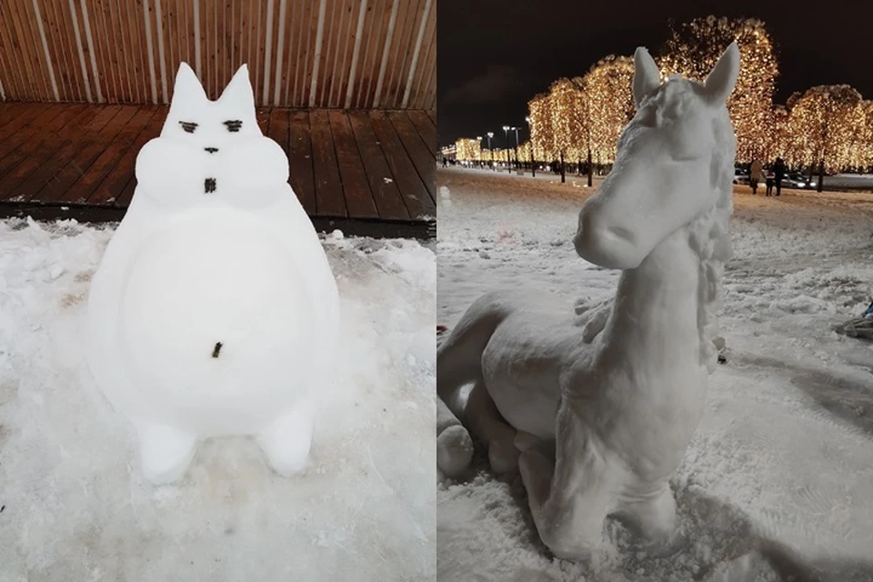Снежные скульптуры пока не растаяли и радуют ребятню