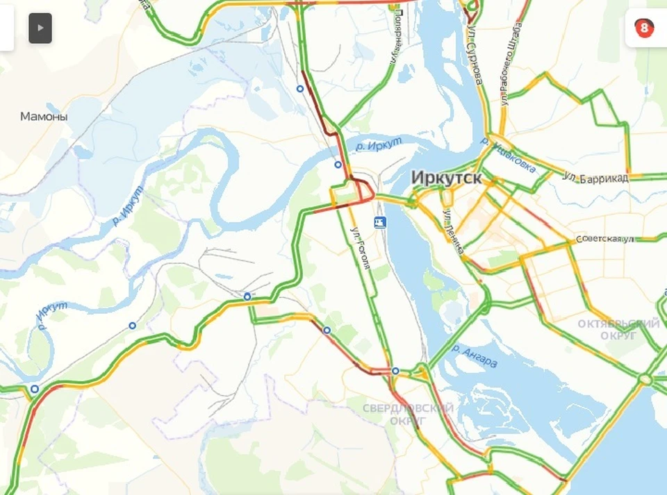 Пробки в Иркутске в 8 баллов образовались утром 7 апреля. Фото: яндекс.Пробки