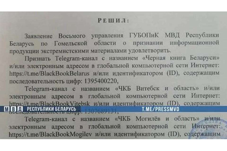 «Черную книгу Беларуси» признали экстремистским ТГ-каналом. Фото: МВД