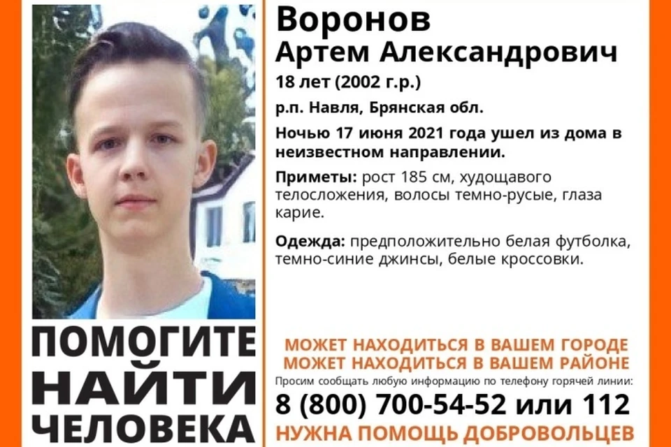 В брянской Навле пропал 18-летний Артем Воронов. Фото: "Лиза Алерт".