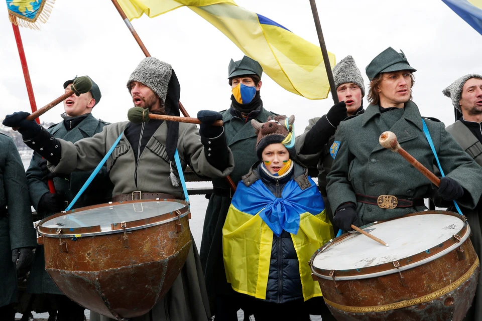 Празднования "Дня соборности Украины" в Киеве, январь 2022 г.