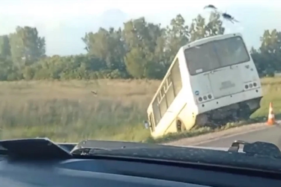Под Новосибирском автобус с пассажирами вылетел в кювет. Фото: стоп-кадр.