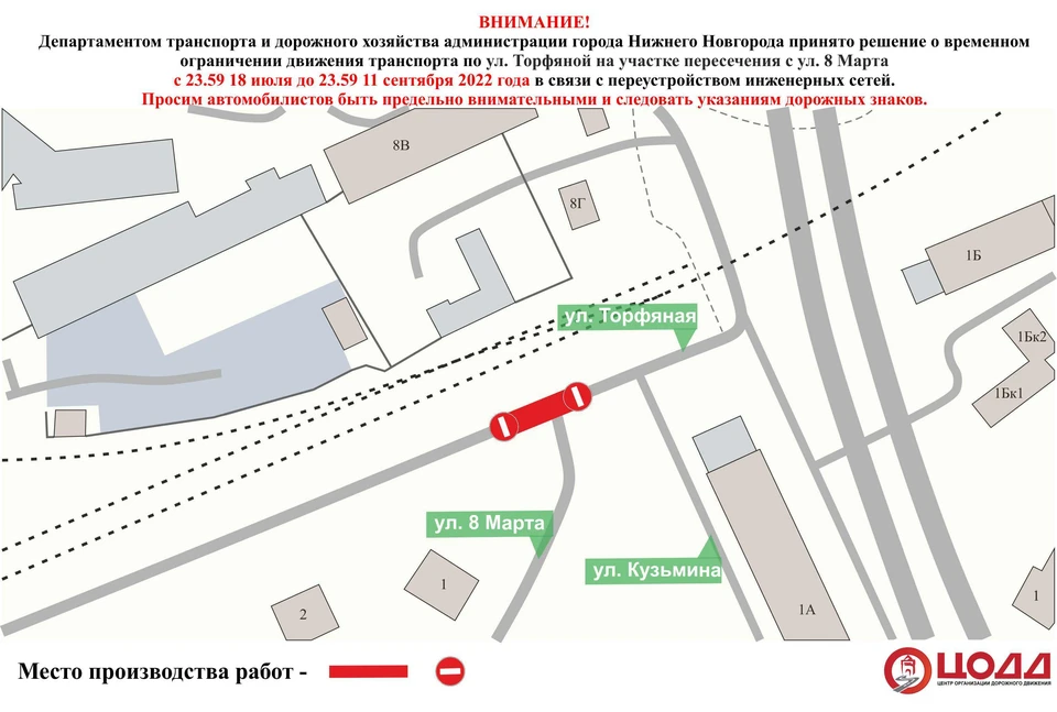 Улицу Торфяную перекроют в Нижнем Новгороде до 12 сентября. Фото: ЦОДД Нижнего Новгорода