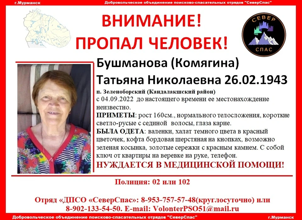 Пропавшую северянку ищут с 4 сентября. Фото: vk.com/severspas51