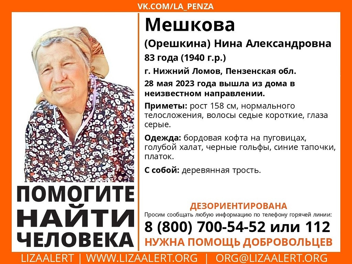 83-летняя женщина пропала в Нижнем Ломове - KP.RU