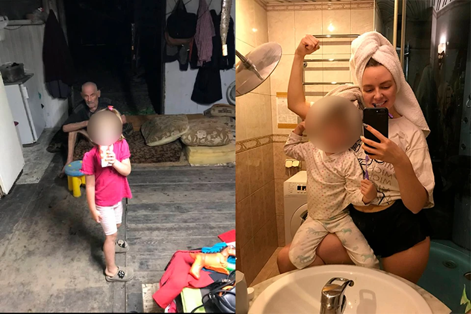 Слева - Полина жила в гараже, а справа - она уже вместе с тетей в Питере