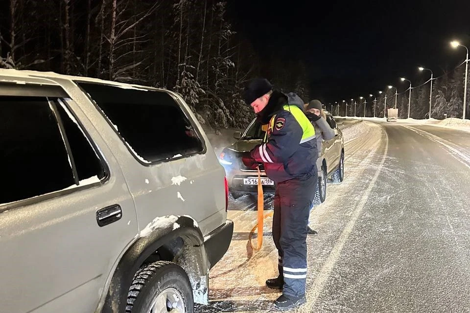 Полицейские в Югре помогли водителю на трассе в сильный мороз. Фото: УГИБДД России по ХМАО-Югре