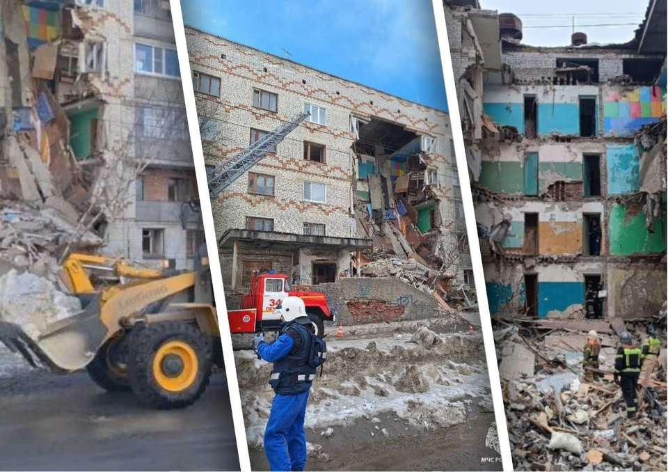 В Печоре в минувшую субботу рухнула часть старого аварийного общежития. К счастью, никто не пострадал. Фото: МЧС по Коми.