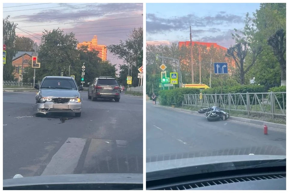 Мотоцикл и легковушка жестко столкнулись на перекрестке в Рязани.