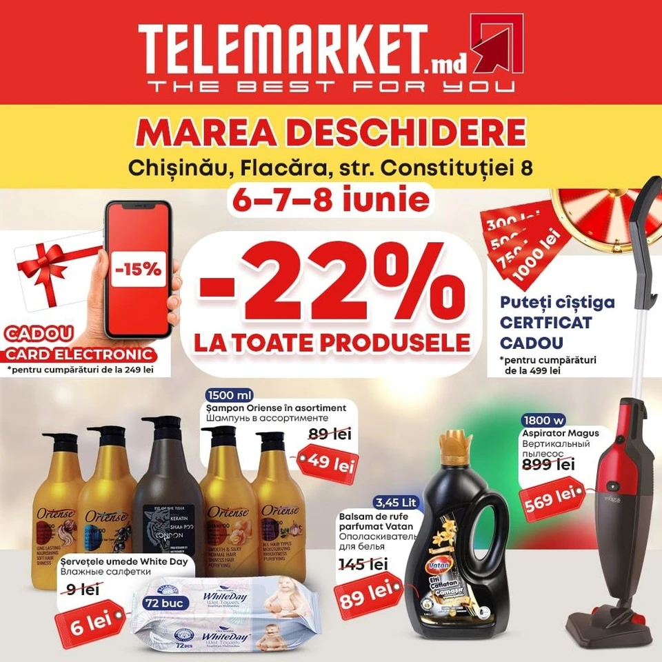 В честь открытия, компания Telemarket.md объявляет скидку -22% на весь ассортимент товаров.