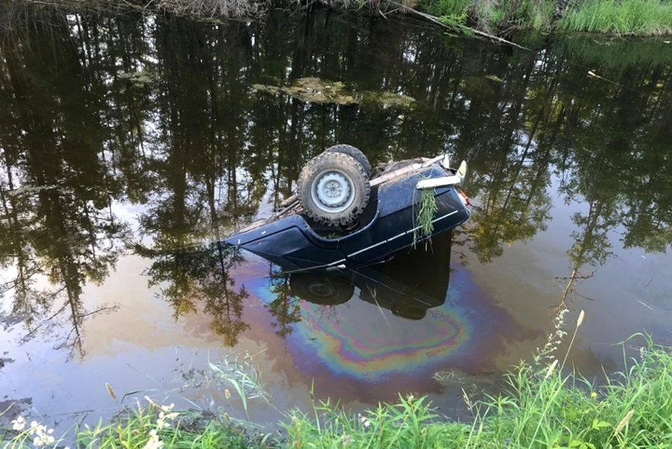 Машина перевернулась и упала в водоем у дороги Фото: ГИБДД14