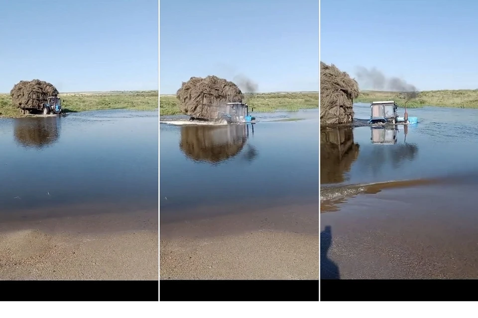Груженный трактор Belarus форсирует водоем. Фото: стоп-кадр | видео МТЗ.