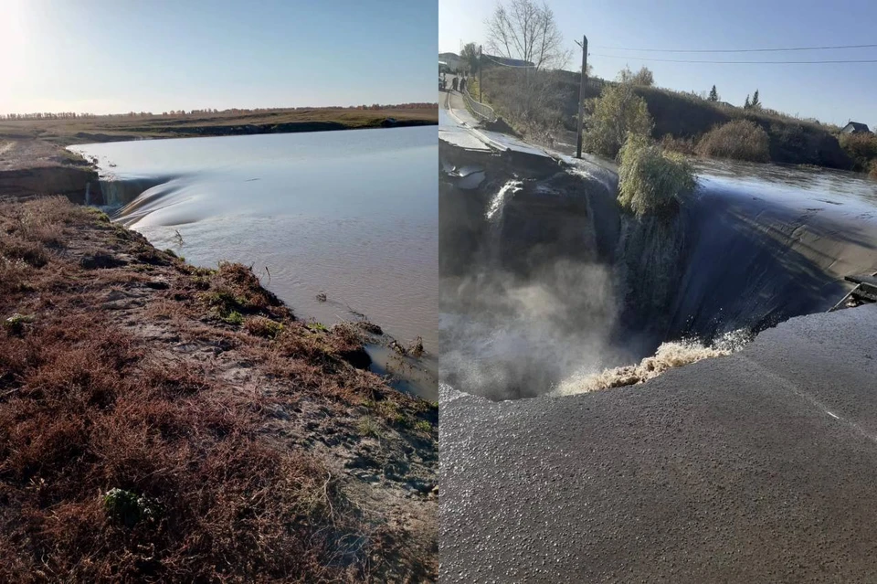 Мощный поток воды разрушил часть дороги в селе. Фото: администрация района