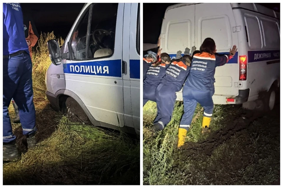 Машина полиции застряла в грязи под Рязанью, понадобилась помощь спасателей.