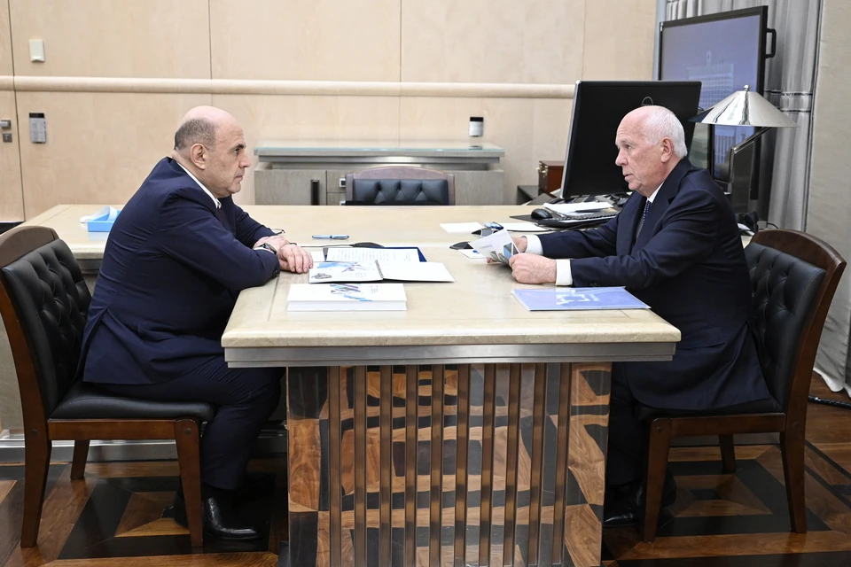 Премьер-министр РФ Михаил Мишустин и генеральный директор ГК "Ростех" Сергей Чемезов во время встречи в Доме правительства РФ. Фото: Александр Миридонов/POOL/ТАСС