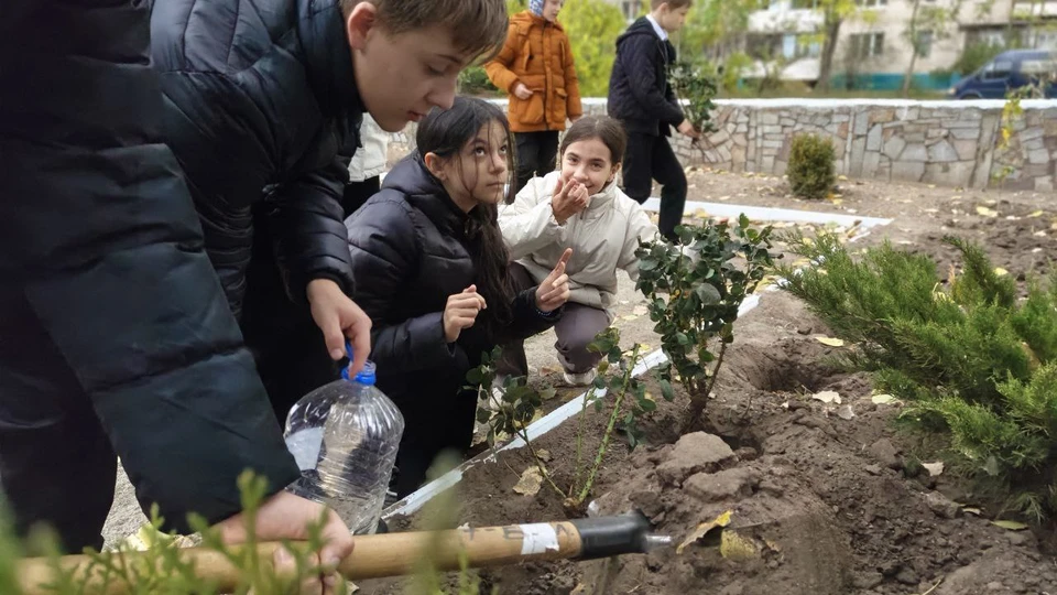 Маленьким ребятам цветы помогали высаживать старшеклассники