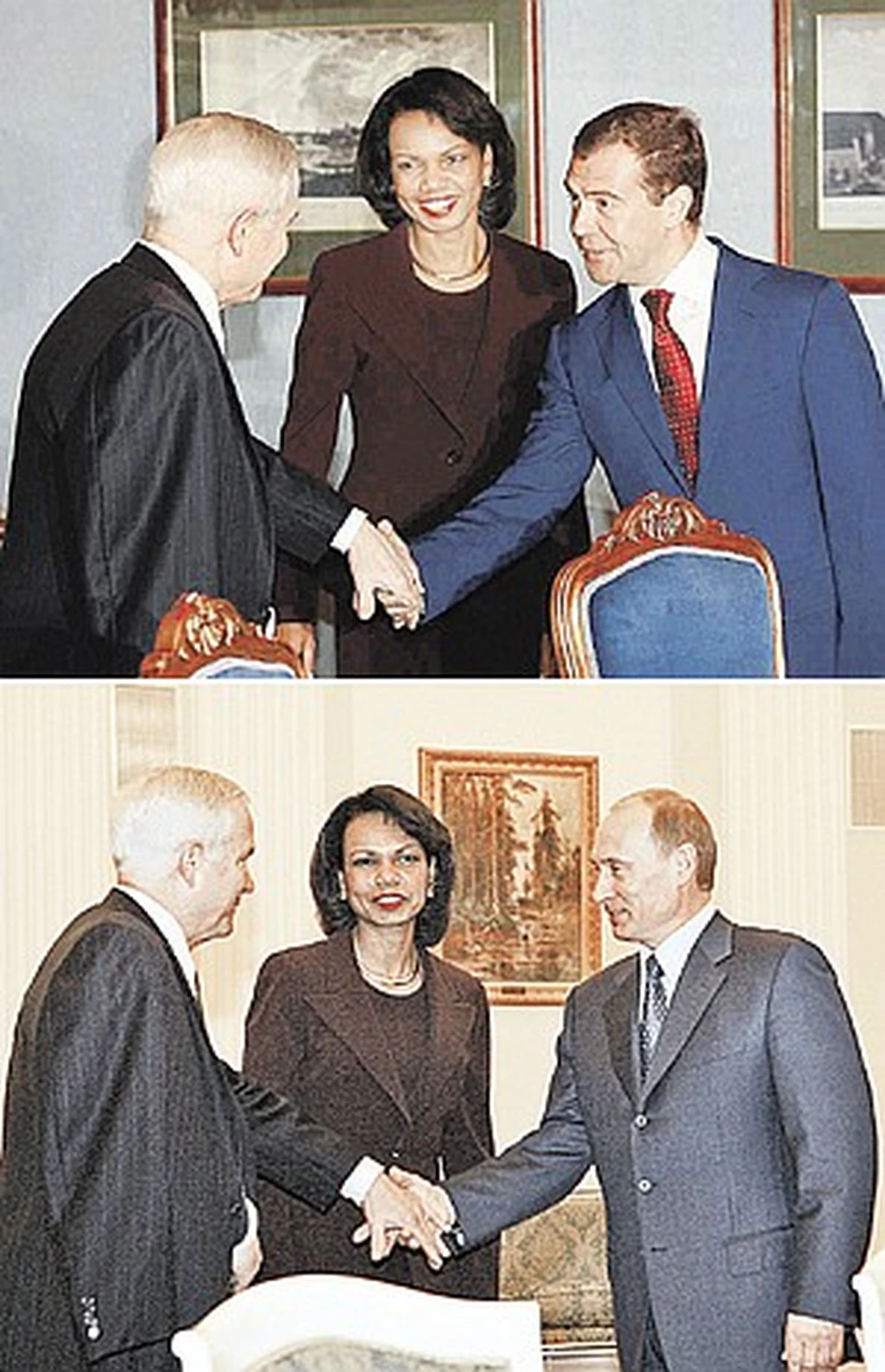 Сначала Кондолиза Райс и Роберт Гейтс встретились с Дмитрием Медведевым, а через пару часов - с Владимиром Путиным. И с новоизбранным Президентом России, и с действующим Гейтс здоровался левой рукой, так как правая была в гипсе.