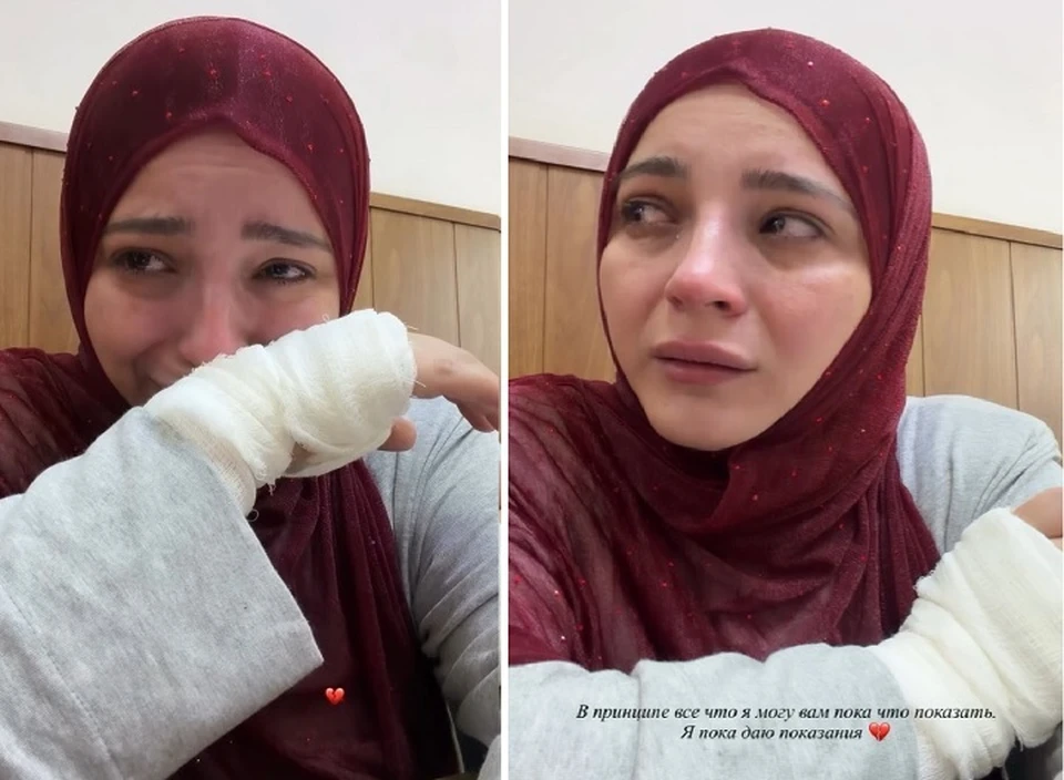 В отделе полиции девушка показала забинтованную руку и продолжала испуганно озираться. Фото: стоп-кадры с видео из соцсетей Хадиджи.