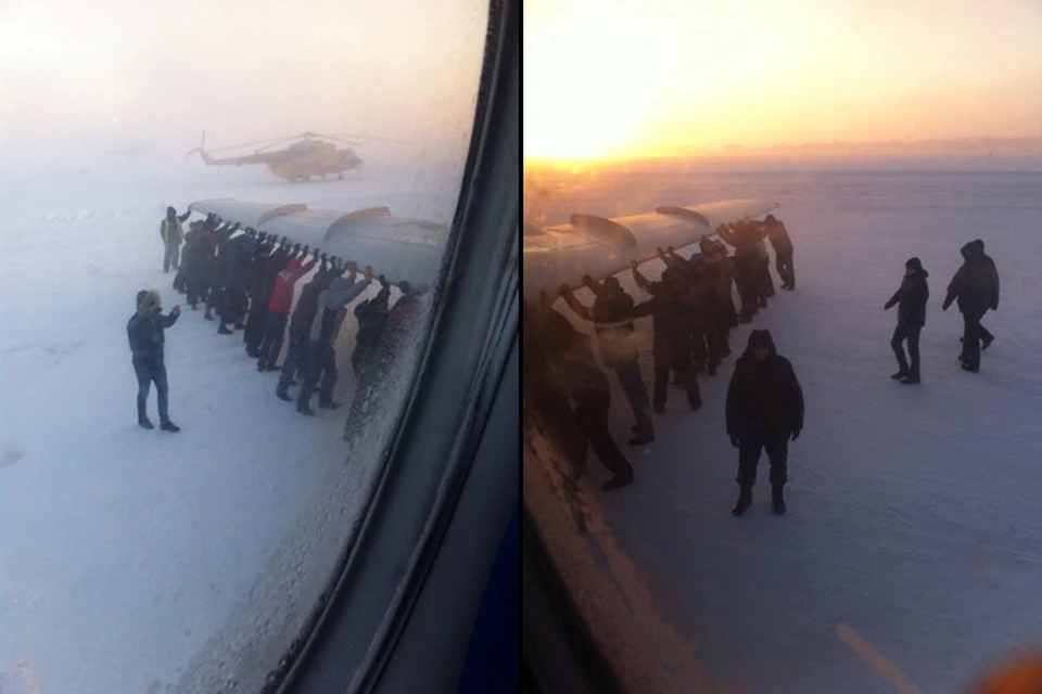 На севере Красноярского края пассажирам пришлось толкать примерзший самолет. Фото: соцсети