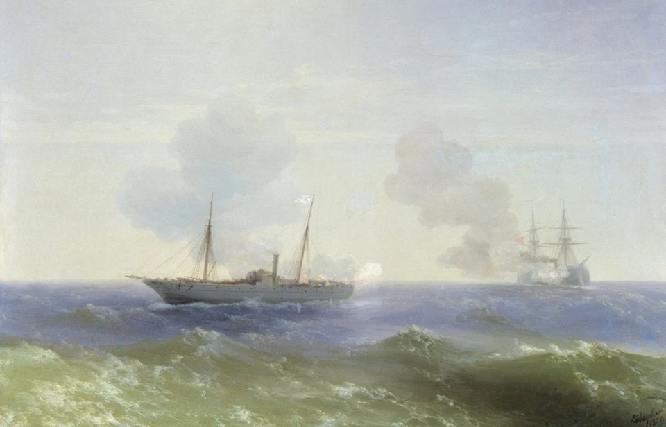 Айвазовский (1887 год). Бой парохода "Веста" с турецким броненосцем "Фетхи-Буленд" в Черном море 11 июля 1877 года.