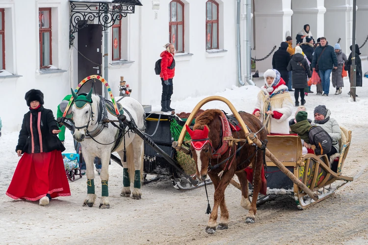 В Новый год в Суздале очень популярны конные повозки для туристов.