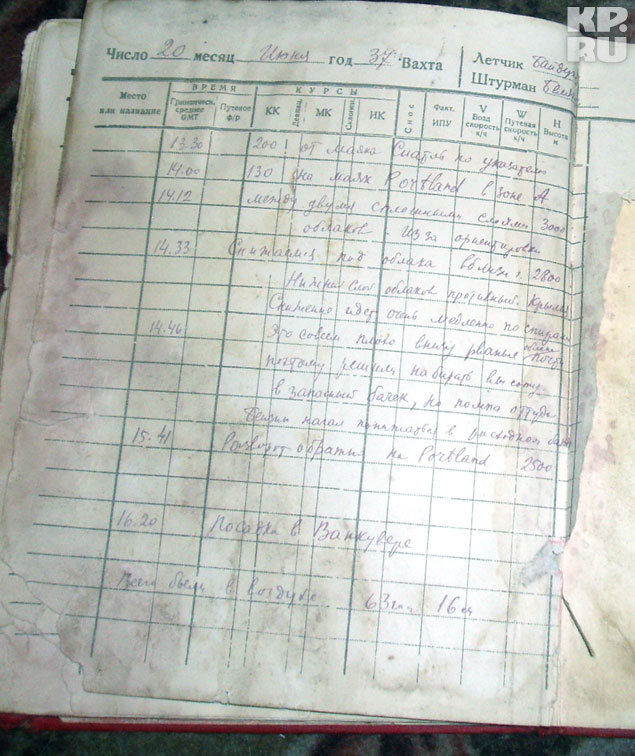 Последняя страница бортового журнала Чкалова.